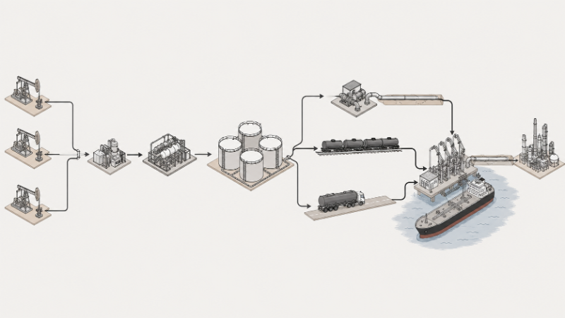 Crude oil transport chain from wellhead to refinery by pipeline, rail, truck, barge, and tanker