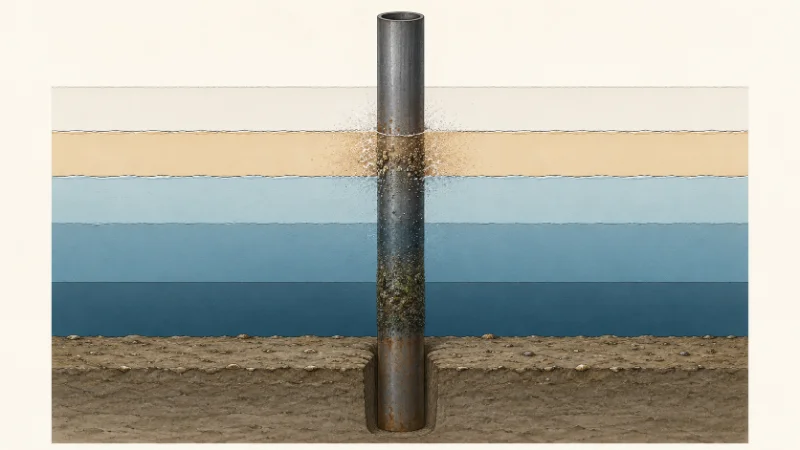 Querschnitt eines Stahlfenderpfahls mit Darstellung der Korrosionszonen durch Atmosphäre, Spritzwasser, Gezeiten, Unterwasserströmung und Schlammlinie