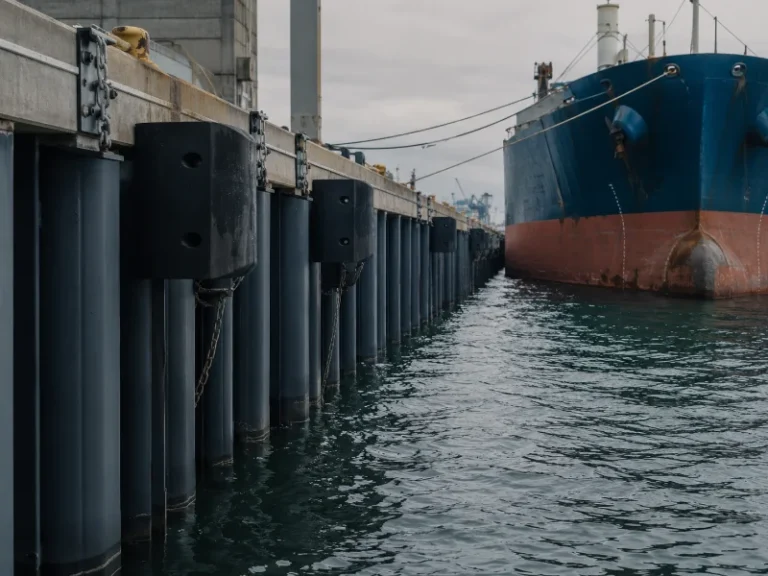 Steel fender piles driven along a wharf with a paired fender unit protecting the berth structure